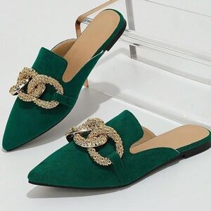Chic Green Mules with Gold Chain Detail